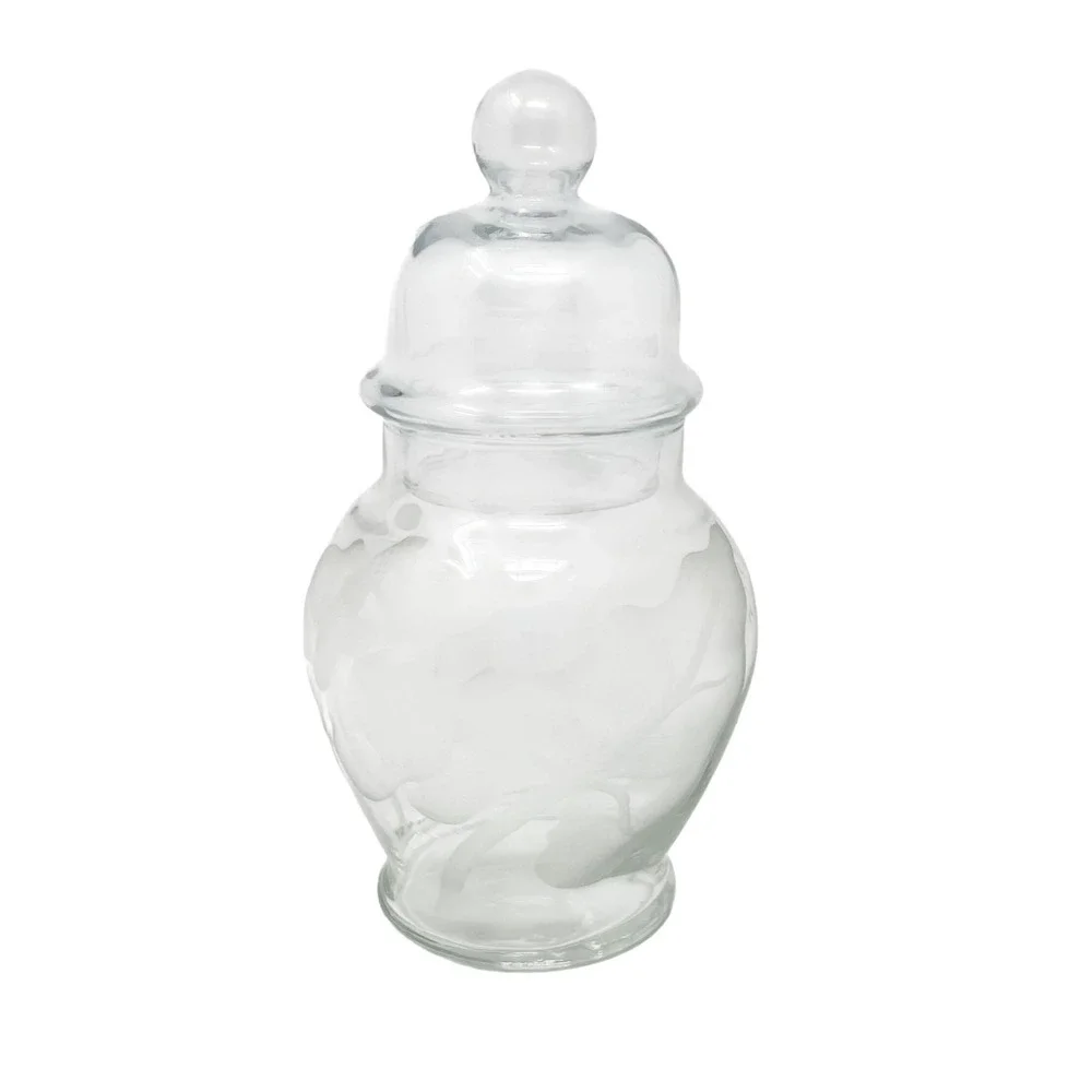 Glass Apothecary Jar 6.75 Inches Clear Excellent Frosted Floral Etched Lid